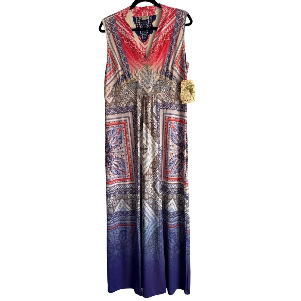 One World Boho Paisley Patchwork Ombré Maxi Dress Women's XL Pink Coral NWT